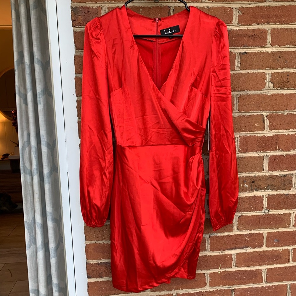 Red silk faux wrap dress